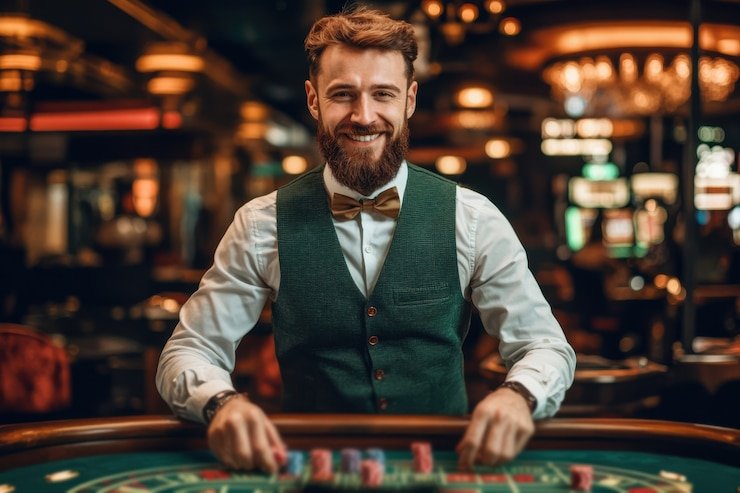 Dealer membagikan kartu di meja Live Blackjack paduka bet