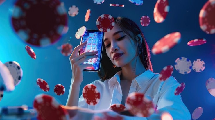 Dealer profesional di studio Three Card Poker paduka bet menyiapkan kartu untuk permainan langsung