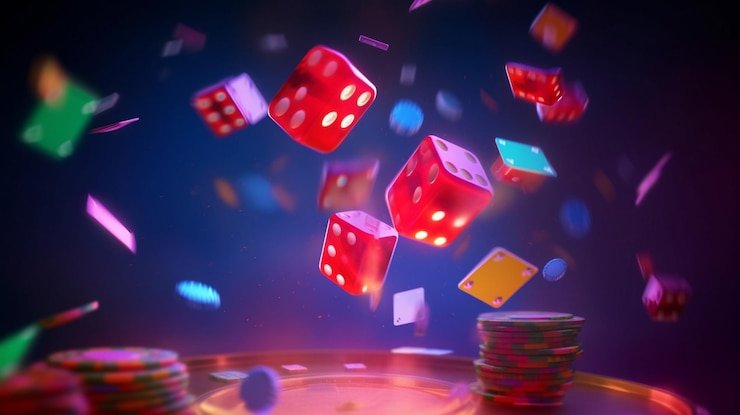 Tabel Three Card Poker dengan chip dan kartu terorganisir di paduka bet